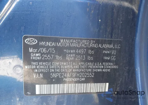 2015 Hyundai Sonata Se z USA, uszkodzony, nr VIN 5NPE24AF9FH202552